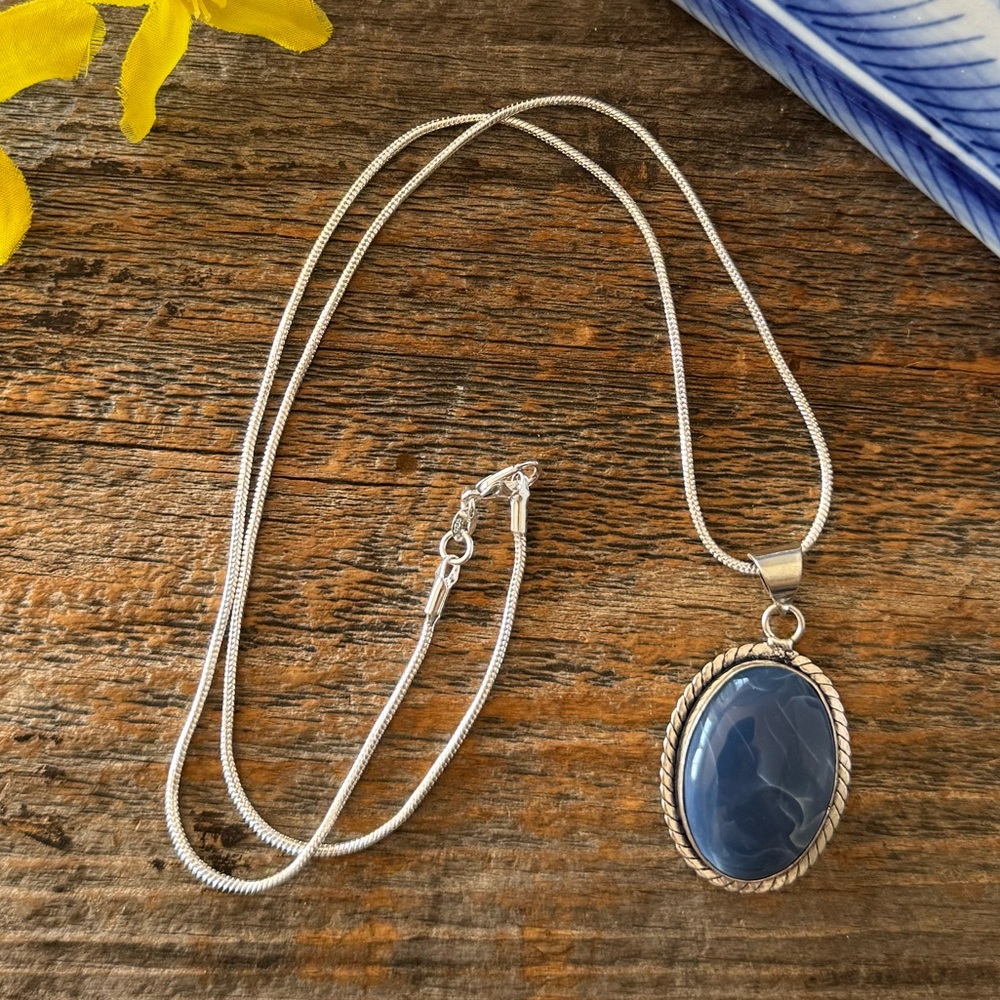 Handmade Owyhee Blue Opal Pendant with Chain 925 Sterling Silver - Picture 6 of 8